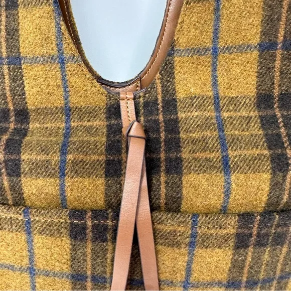 Lucky Brand Purse Brown Tan Blue Plaid Wool Blend Shoulder Bag Tote Front Pocket - Picture 3 of 14